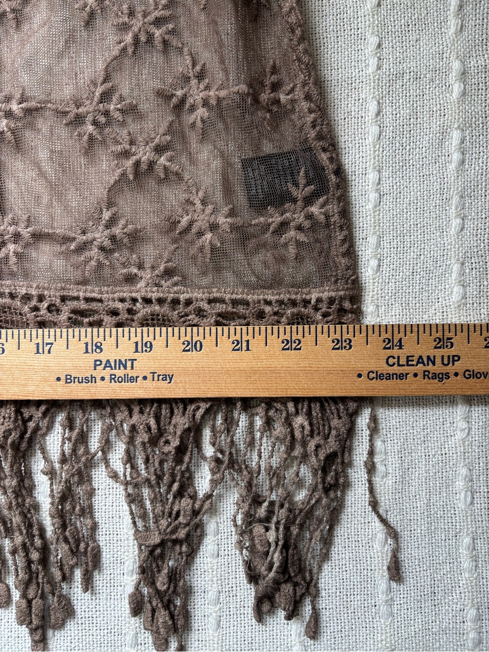 Boho Brown Crochet Lace Fringe Pullover Top Linen Blend Sheer Blouse Approx L/XL - Picture 13 of 13